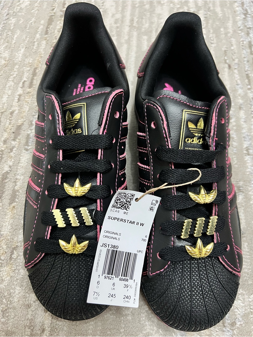 adidas Superstar II W Black Sneakers with Pink Stitching & Gold Accents